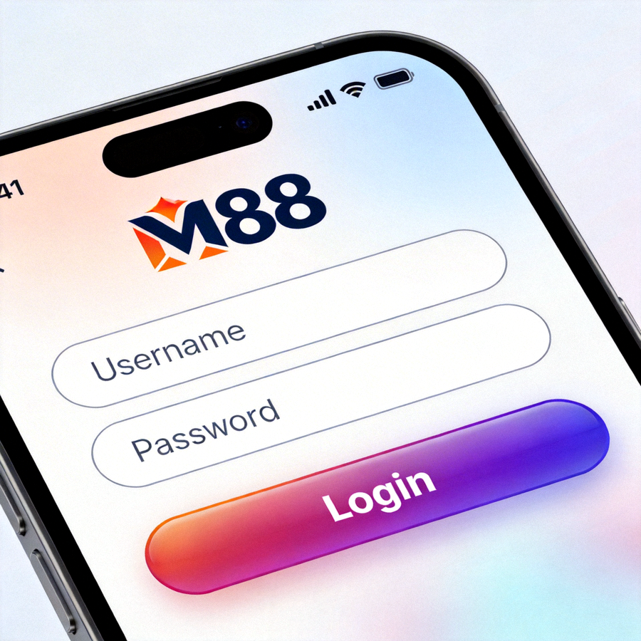 Antarmuka login M88 di layar smartphone dengan tombol yang besar dan mudah disentuh