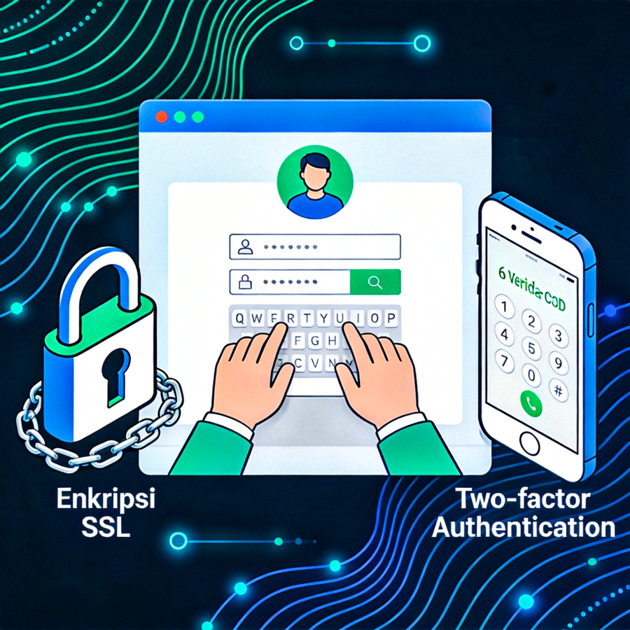 Ilustrasi fitur keamanan login seperti enkripsi SSL dan two-factor authentication